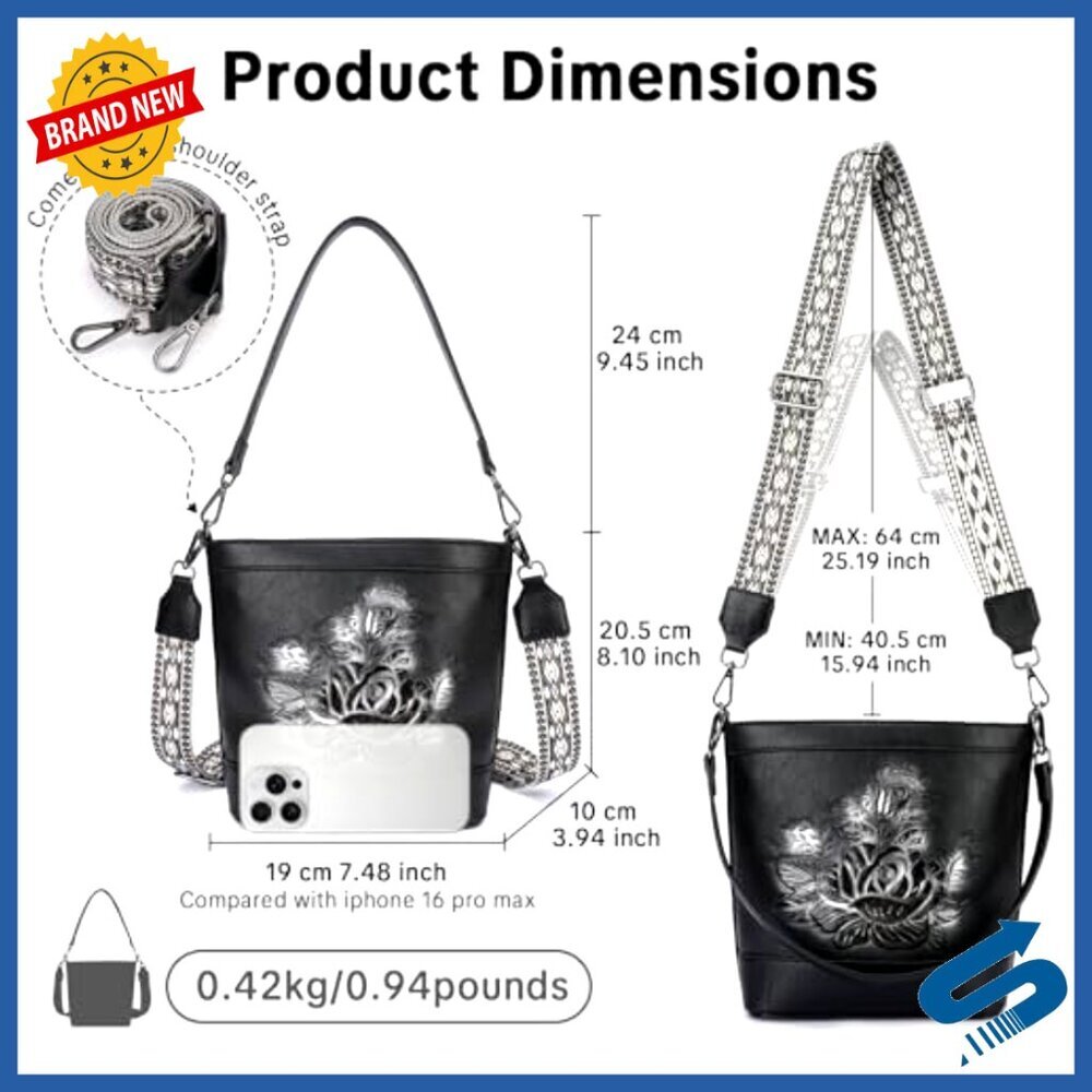 Vegan Leather Crossbody Bucket Bag Embossed Design Adjustable Straps Everyday - Picture 3 of 7